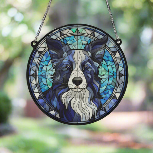 Border Collie Long Haired Stained Glass Effect Suncatcher